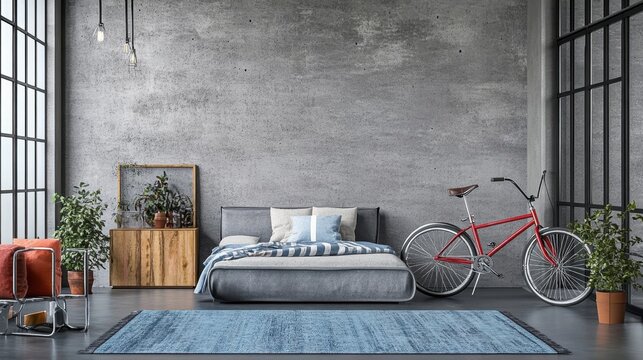 Loft bedroom with concrete wall,bed,bicycle,and plants