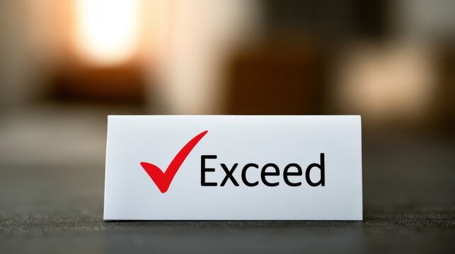 White card with red checkmark and the word Exceed on a blurred indoor background, representing success and performance.