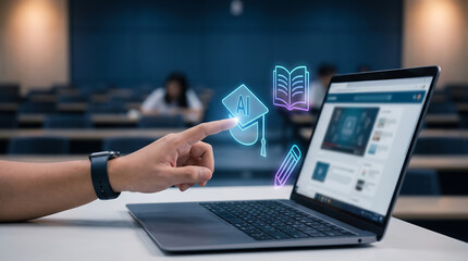 Fototapeta premium artificial intelligence education online learning graduation cap hologram laptop computer digital study technology concept