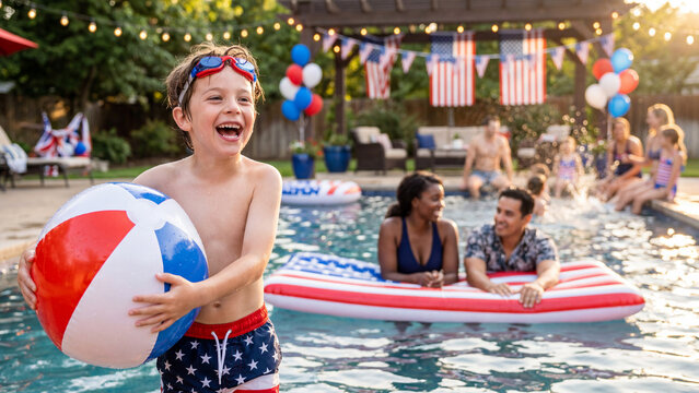 Independence Day pool party featuring Caucasian child with beach ball for American patriotic celebration social media posts and advertising content