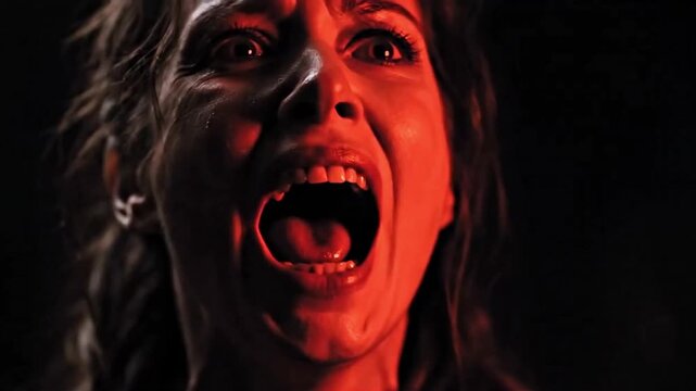 Terrified woman portrait showing face in dark red light to scream in deep fear horror and terror emotion.