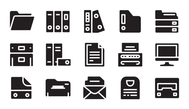 Set of office and business file, folder, and document black silhouette icons.