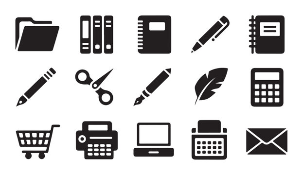 Collection of office and school supplies icons on transparent background.