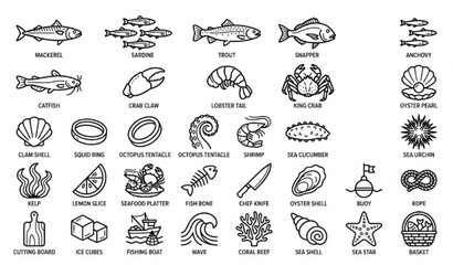 Modern Seafood Outline Icons Editable Stroke Pixel Perfect Marine Food Vector Set © Munnat