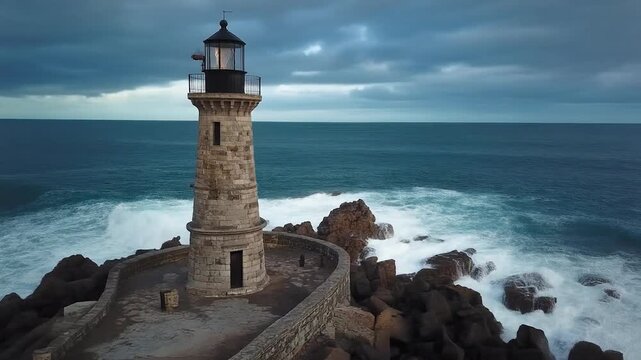 Lighthouse on Rocky Coastline Guiding Ships at Dusk