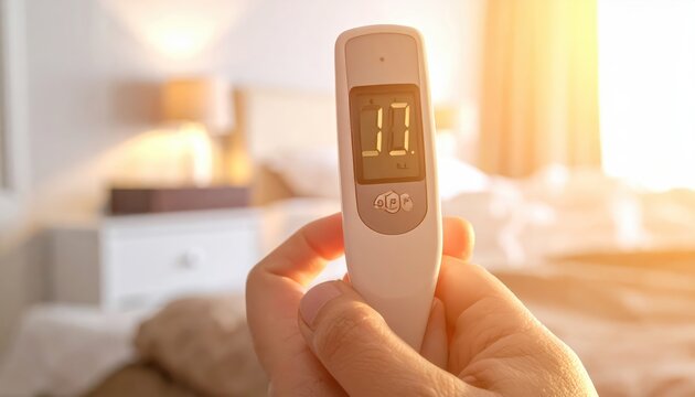 Hand holding digital thermometer showing normal temperature reading, with warm sunlight.