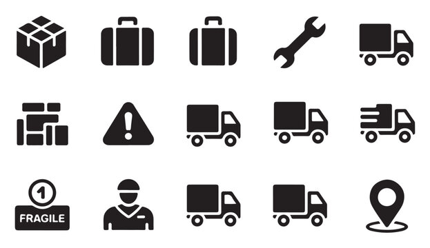 Logistics and shipping service icons featuring delivery trucks fragile marks and workers.
