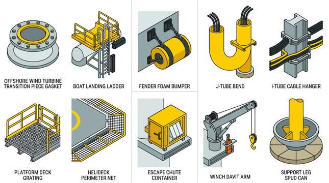 Offshore Wind Turbine and Marine Platform Components Vector Icon Set, Isometric Diagrams of Engineering Parts including Boat Landing Ladder, Fender, Helideck Net, and Winch Davit Arm