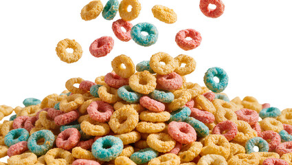 Isolated vibrant colorful sweet crunchy breakfast cereal rings forming a dynamic pile © Ana