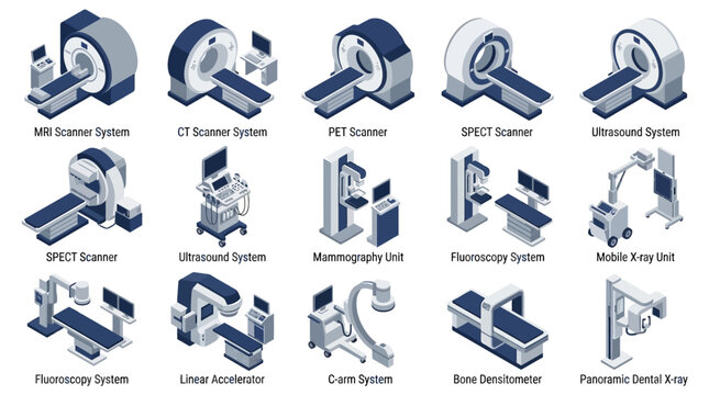 Isometric Medical Imaging Equipment Vector Icon Set featuring MRI, CT, PET Scanners, Ultrasound, X-ray, and Mammography Machines for Healthcare Presentations and Graphic Design