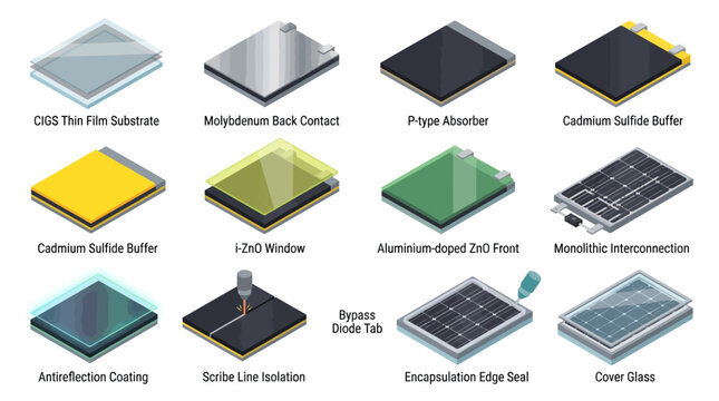 Isometric CIGS Thin Film Solar Cell Layers and Manufacturing Process Icon Set, Renewable Energy Technology Vector Illustration for Educational Infographics and Business Presentation Materials