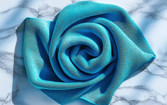 Teal fabric folded into a rose shape on marble.