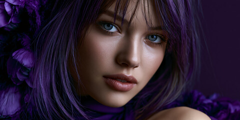 Obraz premium young woman in purple with curious look, curious young woman portrait, thoughtful young woman looking with curiosity