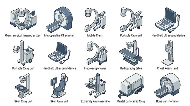 Isometric Medical Imaging Equipment Icon Set featuring CT Scanner, X-Ray Machine, Ultrasound, and C-Arm Devices for Healthcare Infographics and Presentation Slides