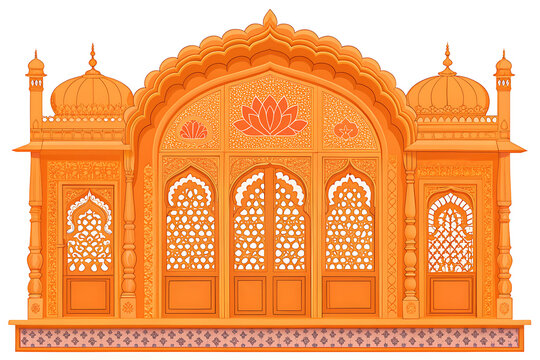 Grand Indian palace window with elaborate jharokha balcony, multiple scalloped arches, intricate jali lattice