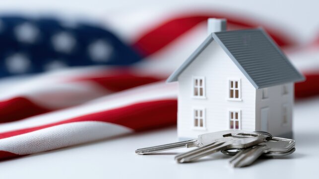 Real estate concept with miniature house model and keys against a blurred US flag background