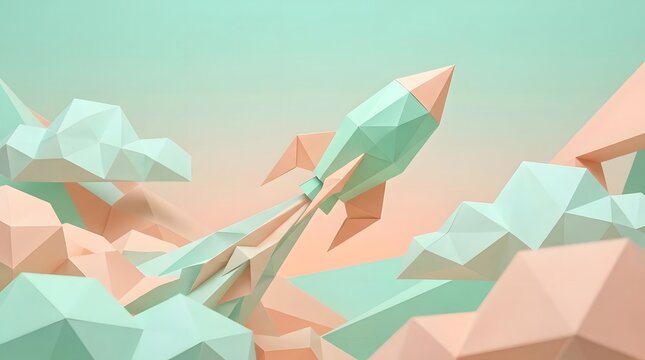 Origami paper rocket ship flying through geometric clouds and mountains in pastel colors.