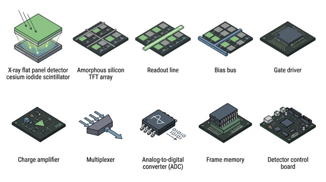 Isometric Icon Set of X-Ray Flat Panel Detector Components and Semiconductor Electronics for Technical Diagrams, Educational Presentations, and Medical Imaging Infographics