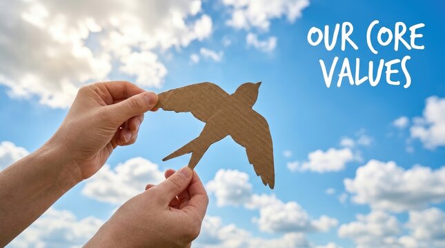 Hands holding cardboard bird cutout with core values text