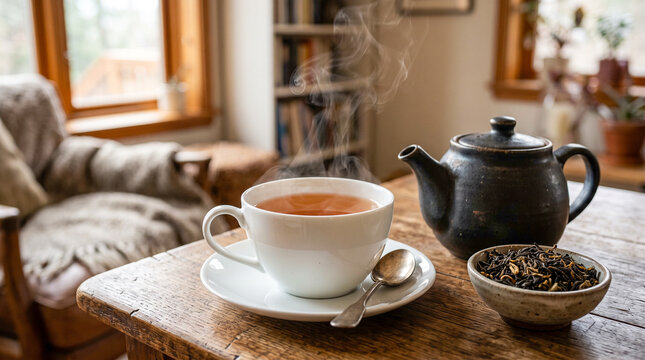 Mockup ultra realista de una taza de porcelana blanca con t&eacute; caliente y delicado vapor, colocada sobre una mesa de madera junto a una tetera de cer&aacute;mica y hojas secas. Fondo desenfocado.