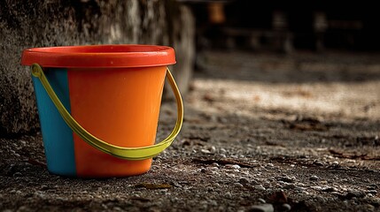 Naklejka premium Vibrant Colorful Plastic Bucket on Ground in Outdoor Setting