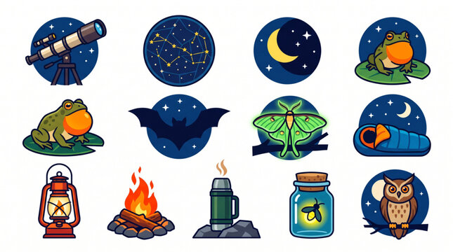 Outdoor Night Adventure Collection with Telescope Campfire and Forest Animals Illustrations