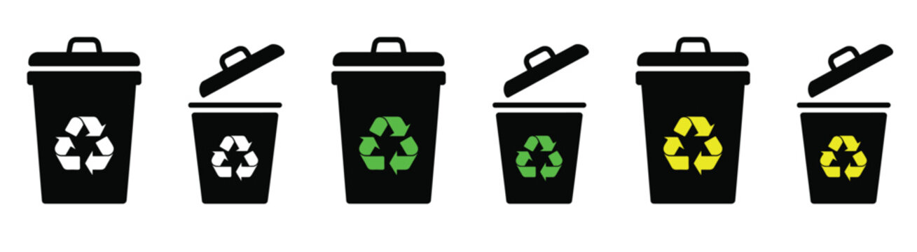 Recycling bin icons with lids in different colors for waste sorting and environmental awareness art.