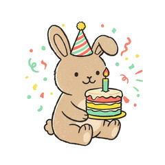 Fototapeta premium Cute Textured Rabbit Birthday Party Clipart — Bunny with Cake and Party Hat Illustration