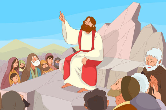 Jesus teaching crowd from stone platform in desert landscape with raised hand, surrounded by listeners, ancient robes, rocky hills, blue sky, calm biblical illustration