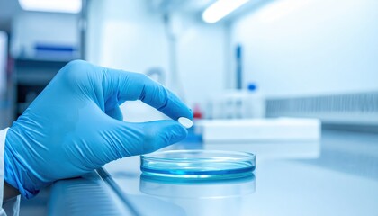 Fototapeta premium Hand in Blue Nitrile Glove Carefully Holds Small Pill Over Petri Dish in Laboratory Setting