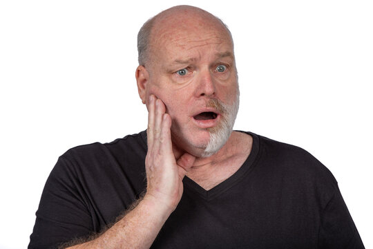 Worried Bald Senior Man Holding Jaw With Toothache Isolated On White Background