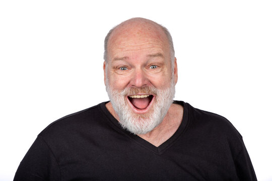 Reaction shot: Excited Bald Senior Man with White Beard Laughing in Surprise Isolated on White Background