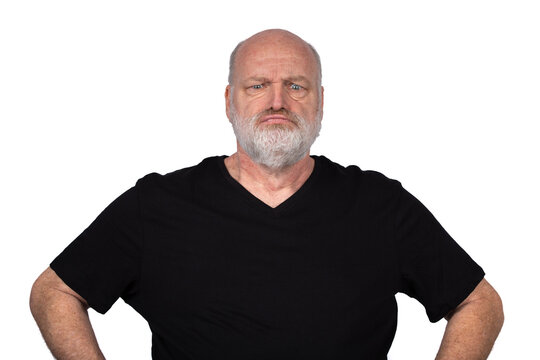 Grumpy Bald Bearded Man with Hands on Hips Isolated on White Background