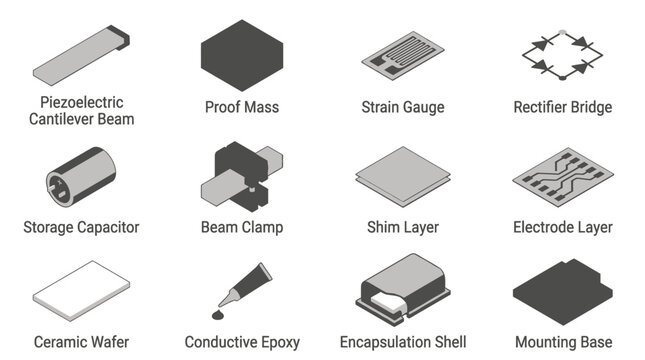 Isometric MEMS Component Icon Set, Vector Technical Illustration of Piezoelectric Energy Harvester Parts for Engineering Diagrams and Educational Presentations