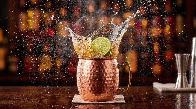 Copper moscow mule mug with lime and liquid splash cocktail refreshing
