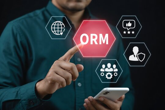 Businessman pointing at orm concept on digital interface with global network icons