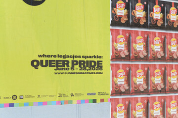 Obraz premium street posters on hoarding in Toronto (Queer Pride and Lay's Potato Chips)