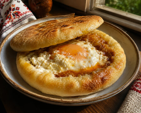  Jachapuri megruli relleno de queso fundido y huevo, horneado hasta obtener una corteza dorada.