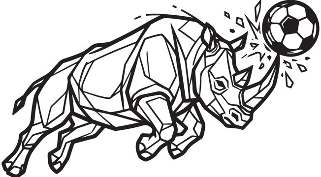Rhino mascot vector illustration hitting a soccer ball with its horn in geometric line art style for sports logo or coloring page
