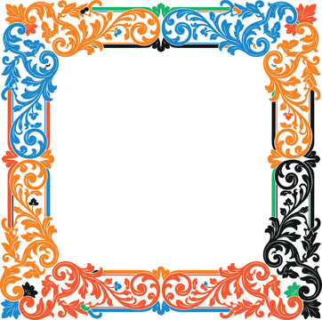 Elegant ornamental square frame border with intricate baroque style floral leaves and swirls in vibrant multicolor design isolated on transparent background for luxury invitation card layout vector.