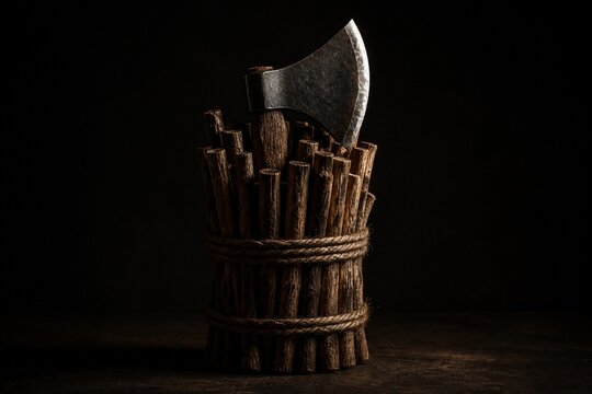 A bundle of wooden rods bound together with an axe blade emerging.