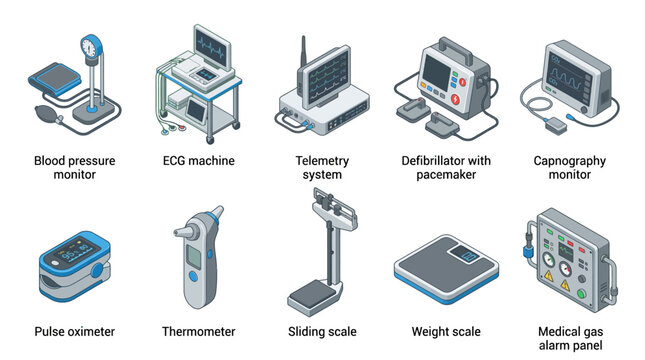 Isometric Medical Equipment Icon Set with ECG Defibrillator Pulse Oximeter and Diagnostic Devices for Healthcare Presentations Hospital Web Design and Clinical Infographics