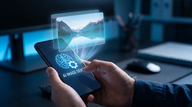 artificial intelligence image generator hologram on smartphone for digital art creation technology concept