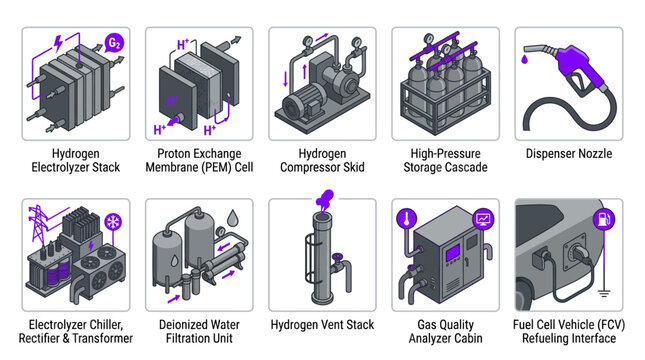 Hydrogen Energy Infrastructure Isometric Icon Set, Green Technology Vector Icons of PEM Cell, Electrolyzer Stack, Compressor, Storage Cascade, Refueling Nozzle for Infographics and Presentations