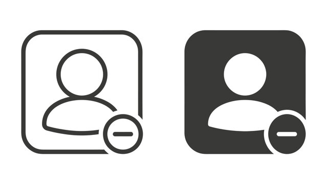 User profile delete icon, representing account management or privacy settings. Two styles: outlined and solid black.