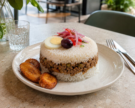 Causa peruana con capas de papa y carne sazonada, servida con pl&aacute;tano frito, cebolla morada encurtida y aceituna negra, destacando la riqueza de la cocina peruana.