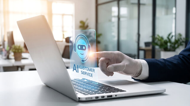 artificial intelligence customer service chatbot hologram on laptop computer for business support technology concept