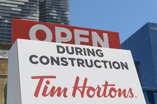old Tim Hortons sign: open during construction, in Toronto's East Bayfront