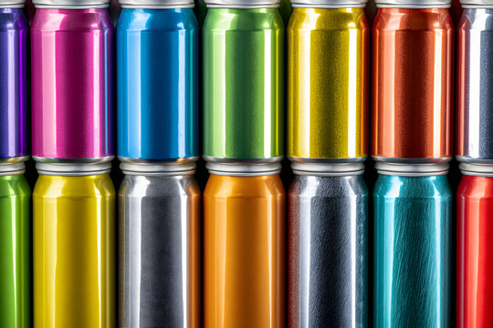 Colorful aluminum cans of beverage drinks are refreshing and metallic. Close-up rows of patterns are shiny and unopened. They are stored in cold refrigerators or cold storage areas. Varieties include 