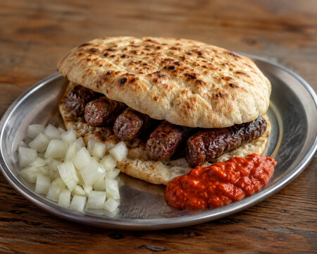  Kebab a la parrilla servido dentro de un pan plano acompa&ntilde;ado de cebolla picada y salsa picante, presentado como una sabrosa especialidad de la cocina tradicional.